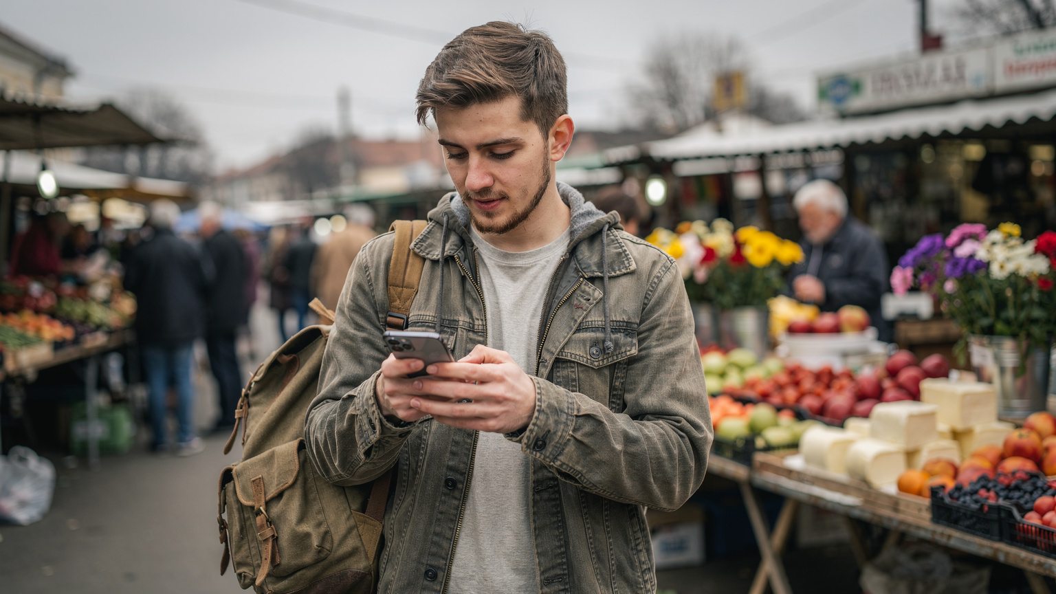 Un tânăr călător își verifică telefonul compatibil eSIM într-o piață aglomerată din București.