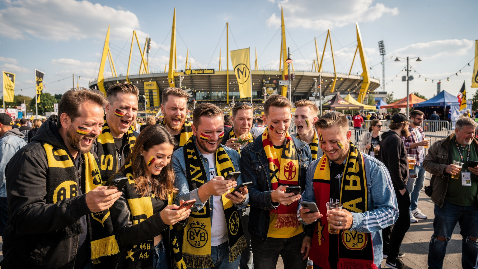 Fanoušci kontrolují výsledky na svých telefonech před stadionem v Dortmundu.