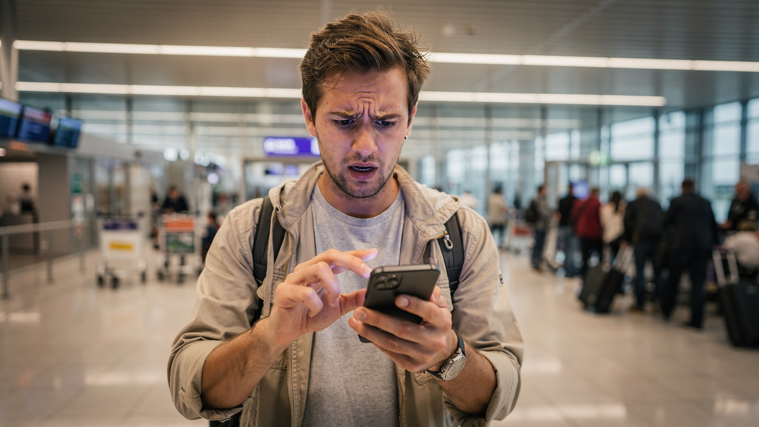 Ein Reisender am Flughafen Berlin Brandenburg (BER) sichtlich frustriert, während er versucht, auf seinem Smartphone eine Verbindung herzustellen, mit einer Schlange hinter ihm.