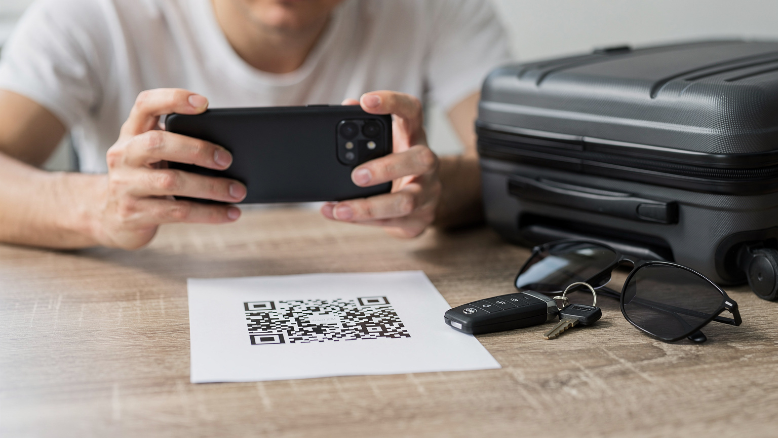 En person håller en smartphone och skannar en QR-kod för att installera ett eSIM, med en resväska och bilnycklar synliga på ett bord i bakgrunden.