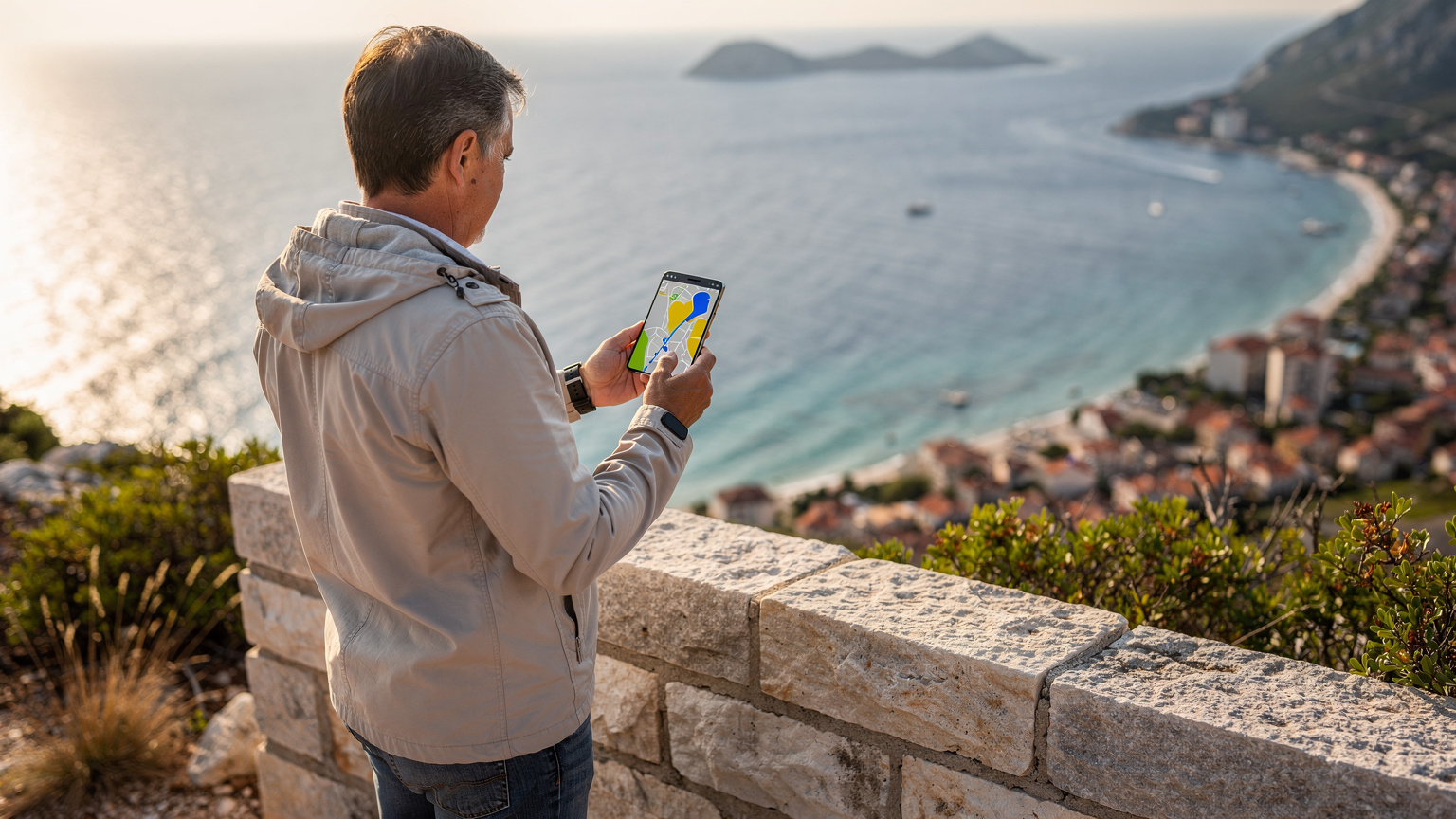 En person står vid ett utsiktsställe längs Kroatiens kust, tittar på sin smartphone med en GPS-karta och njuter av utsikten över havet.