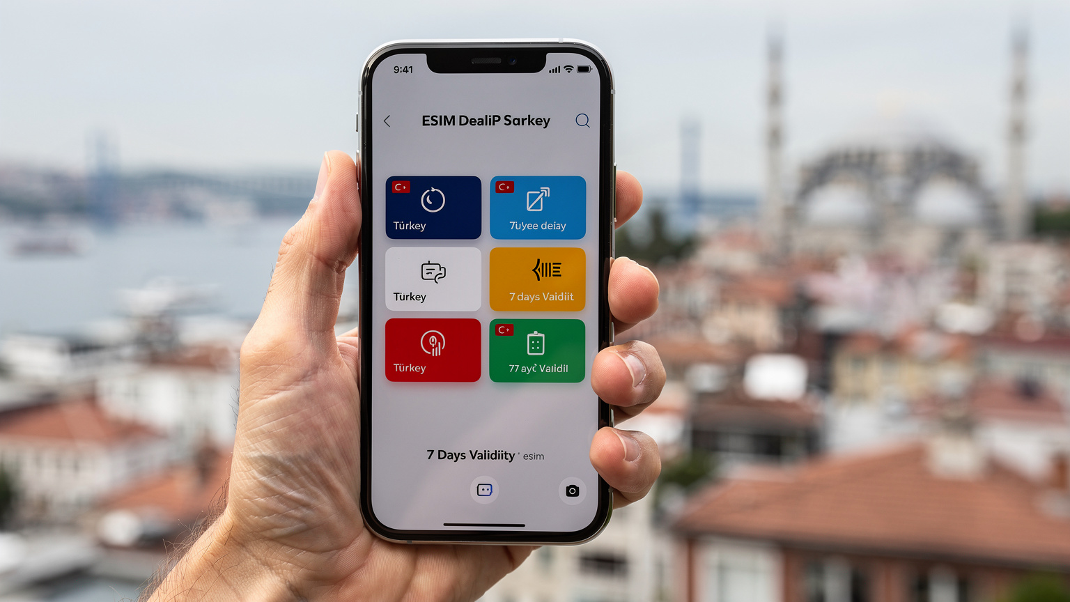 Mână unui părinte ține un smartphone cu aplicația Cellesim deschisă, arătând planurile de date eSIM pentru Turcia, pe fundalul unui peisaj urban din Istanbul.