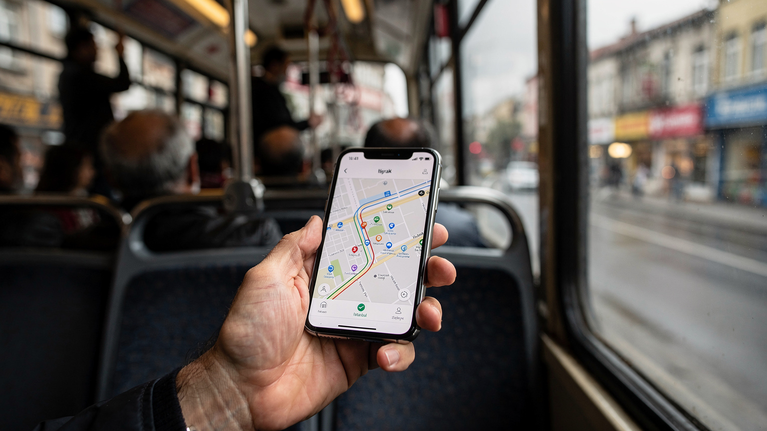 Mână unui părinte ține un smartphone care afișează o hartă digitală a Istanbulului, cu puncte de interes și trasee de transport în comun, în timp ce călătorește cu un tramvai aglomerat.