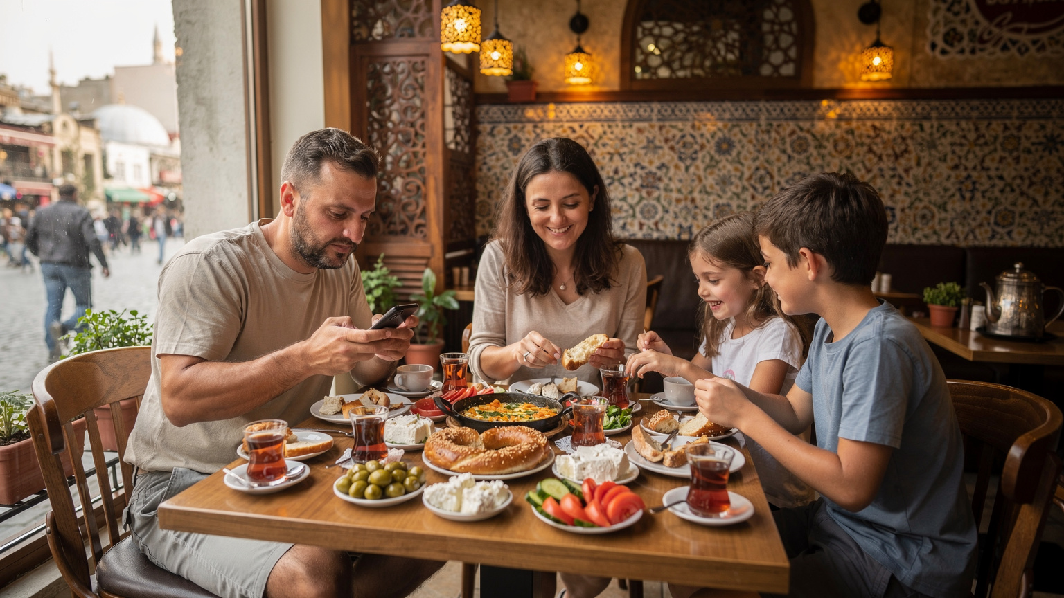O familie română, părinți și doi copii, se bucură de o masă tradițională turcească, cu simit și ceai, într-o cafenea autentică din cartierul Fatih, Istanbul, folosind un telefon pentru a verifica o hartă offline.