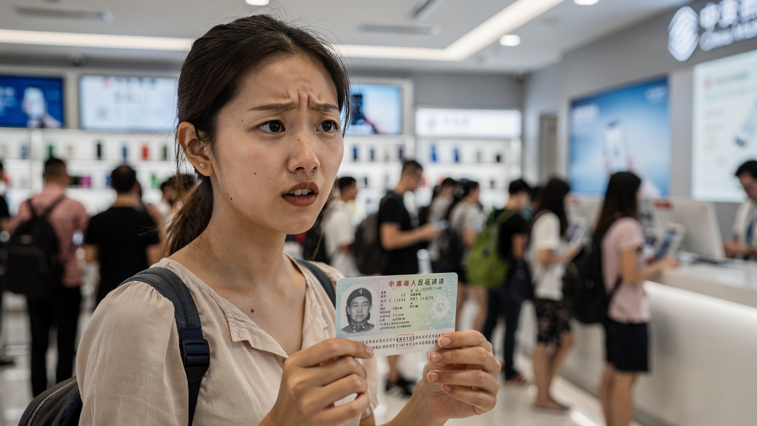 一名中國女性旅客在香港中移動門市內排隊等候，手持港澳通行證，面露一絲不耐煩，背景是繁忙的營業廳。