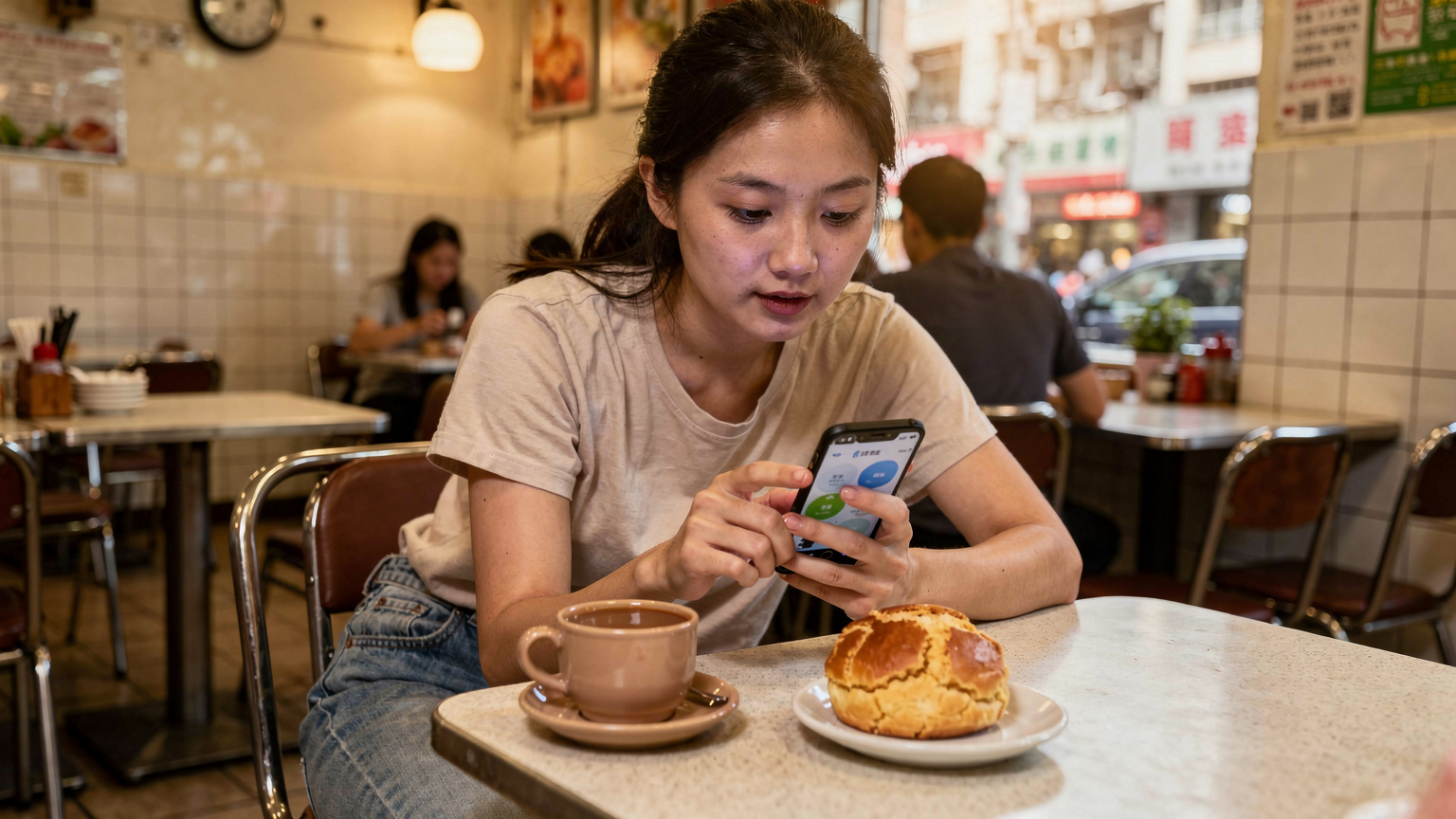 一位年輕的中國女性在香港一家傳統茶餐廳裡，面前放著一杯港式奶茶和一份菠蘿包，她正專注地查看手機上的 Cellesim App。