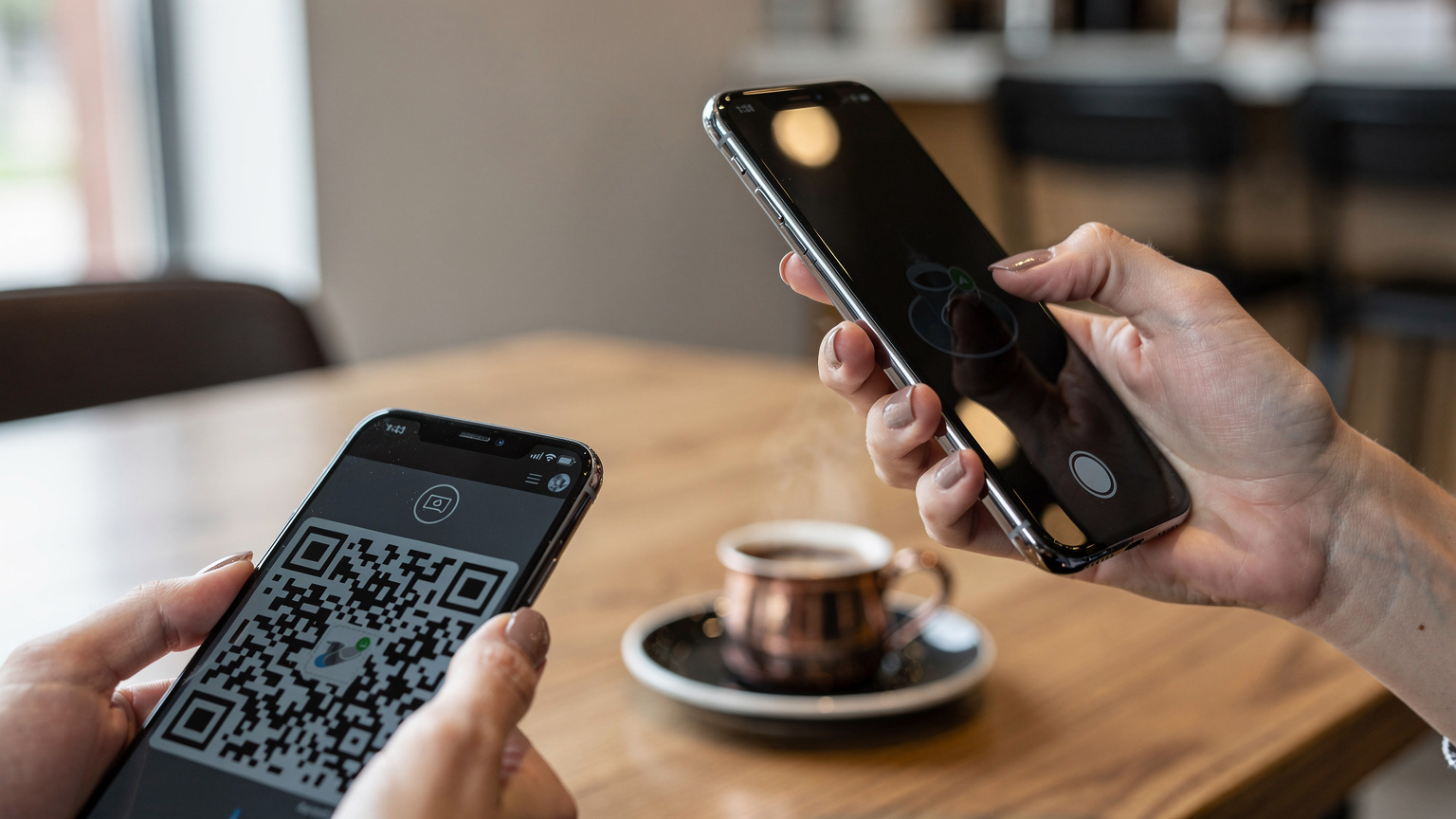 Modern bir kafede, ahşap masa üzerinde duran bir akıllı telefonda Cellesim uygulamasındaki QR kodunu tarayan bir kadın eli.