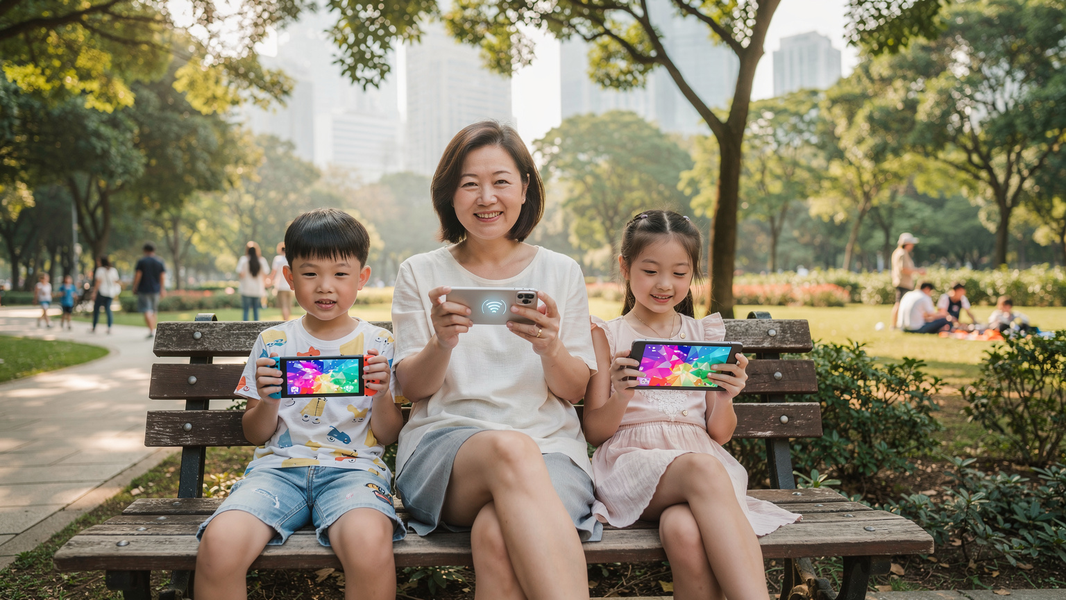 一位妈妈在公园的长椅上，微笑着看着她的两个孩子，一个孩子在看iPad，另一个孩子在玩Switch，妈妈的手机屏幕显示着热点分享图标。