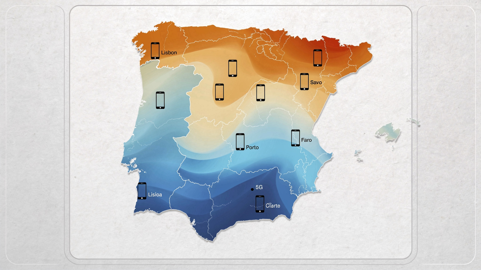 Um mapa de Portugal com sobreposições de cores a indicar diferentes níveis de cobertura de rede, com pequenos ícones de telemóvel a representar cidades, sob um filtro técnico.