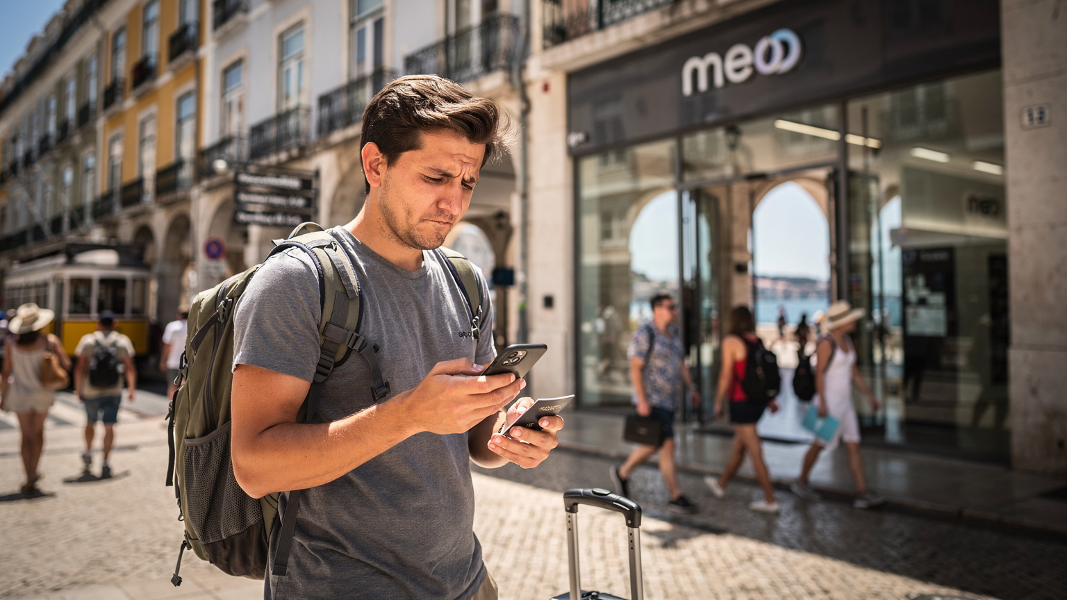 Uma pessoa em frente a uma loja de telecomunicações da MEO em Lisboa, a consultar o telemóvel com uma expressão de ligeira frustração, sob a luz do sol da tarde.