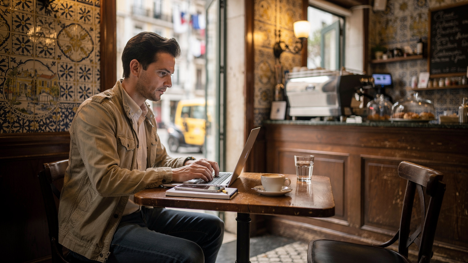 Um nômade digital a trabalhar num café vibrante em Lisboa, com o seu portátil aberto e um telemóvel ao lado, rodeado por paredes de azulejos e a agitação da cidade ao fundo.