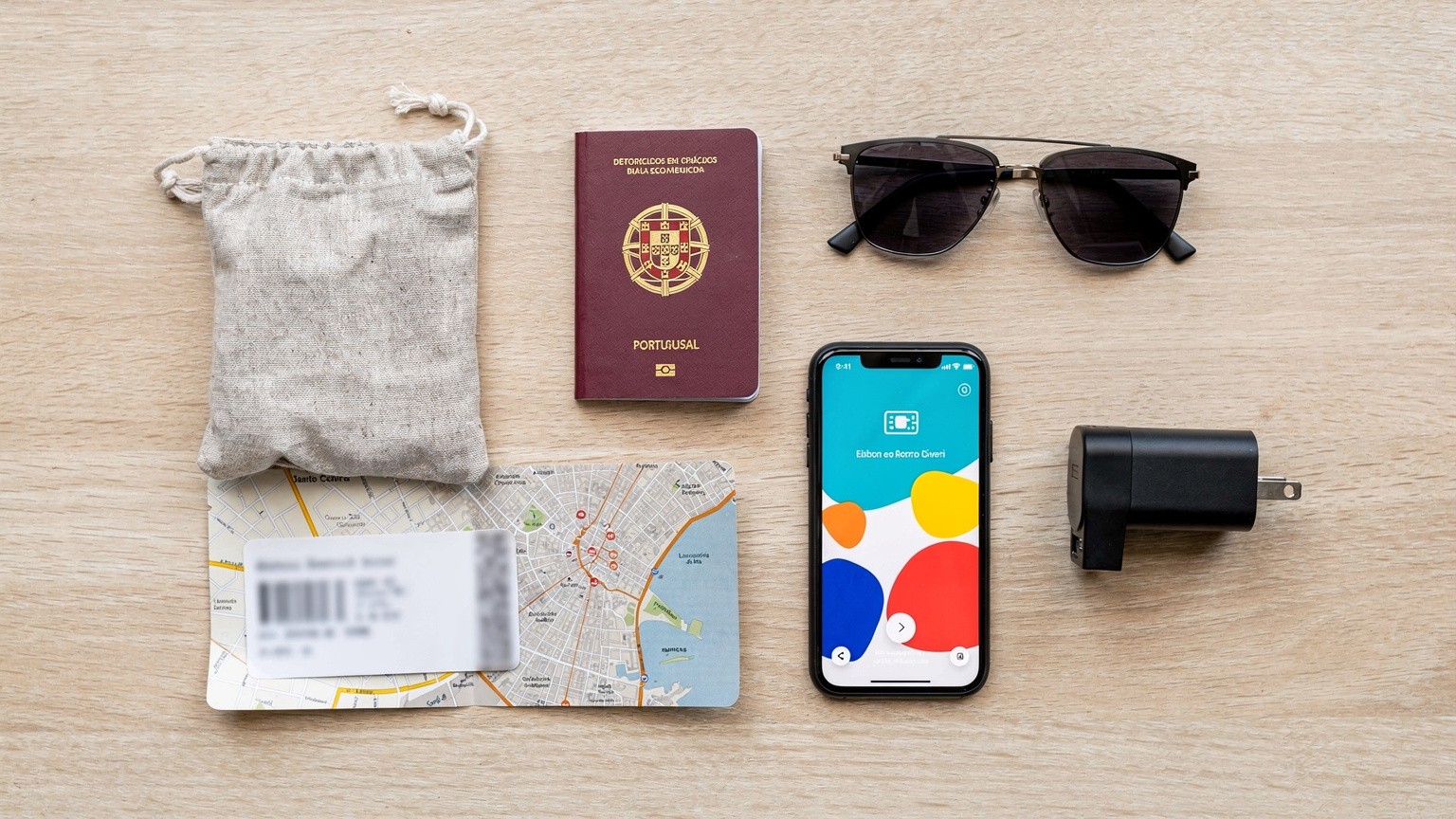 Um overhead flat-lay com um passaporte, um smartphone com um ecrã de ativação de eSIM visível, um mapa de Lisboa e uns óculos de sol, tudo arrumado e pronto para a viagem.