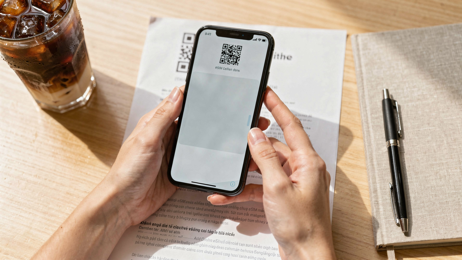 Một người đang dùng điện thoại thông minh để quét mã QR cài đặt eSIM, với màn hình điện thoại hiển thị giao diện cài đặt SIM, trên bàn có một ly cà phê đá Việt Nam và một quyển sổ du lịch.