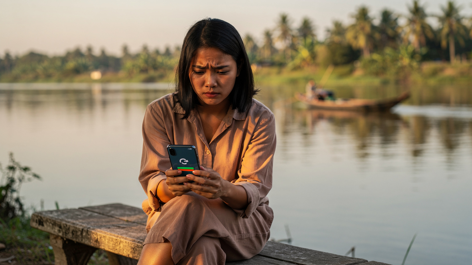 Một phụ nữ trẻ đang ngồi trên ghế đá ven sông, tay cầm điện thoại thông minh với vẻ mặt lo lắng, màn hình điện thoại hiển thị thông báo lỗi kết nối hoặc không có dịch vụ, phía sau là cảnh sông nước miền Tây yên bình nhưng cô đang gặp vấn đề về mạng.