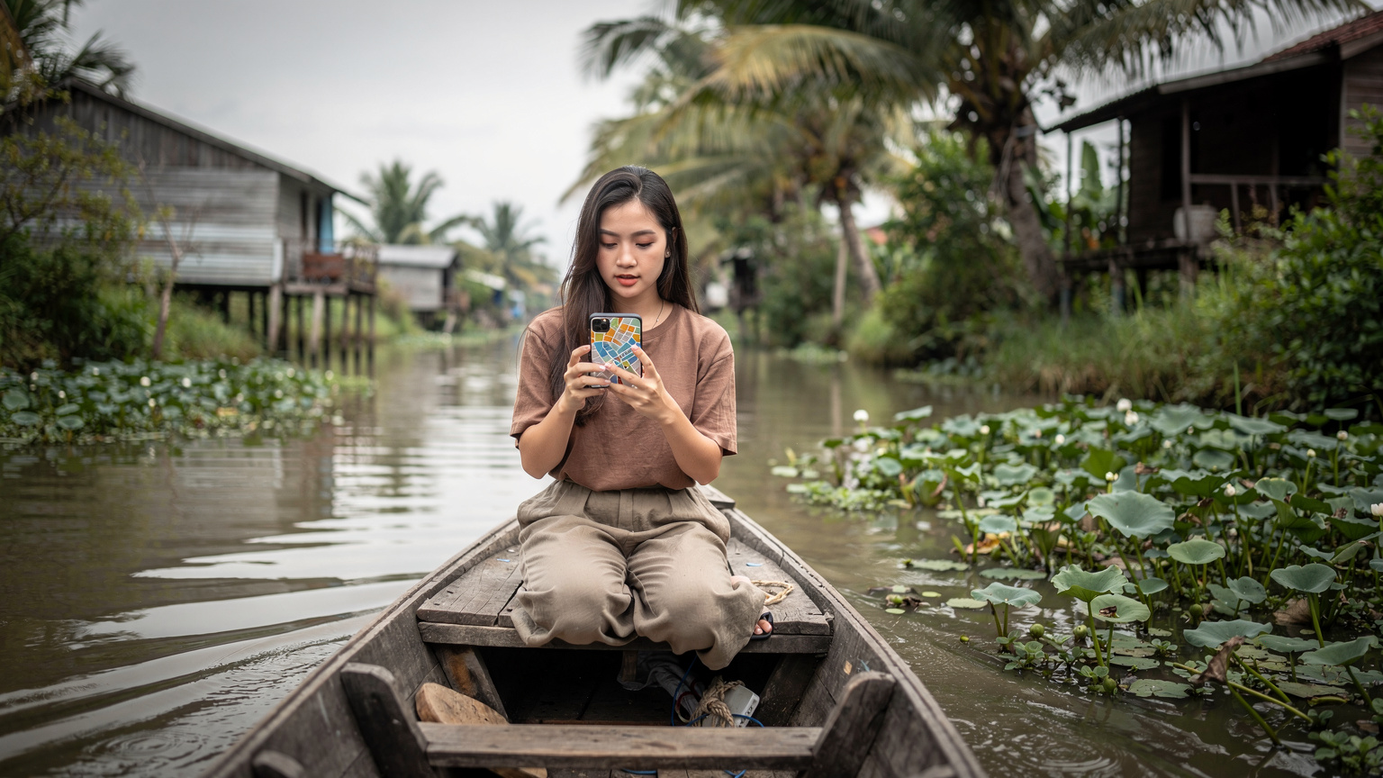 Một phụ nữ trẻ đang xem bản đồ trên điện thoại thông minh của mình trong khi đi thuyền trên kênh nhỏ ở Đồng bằng sông Cửu Long, xung quanh là cây xanh và những ngôi nhà ven sông, thể hiện sự cần thiết của kết nối khi di chuyển.