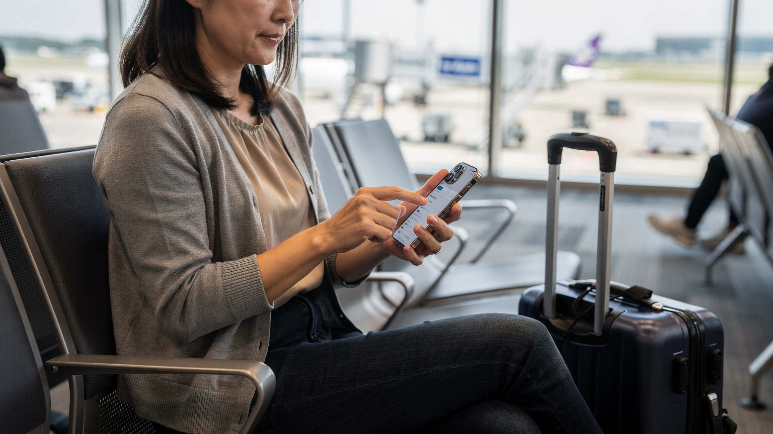 夏休みの家族旅行で、空港の搭乗ゲートに座り、出発前にスマートフォンでCellesim eSIMの設定を最終確認している母親の手元。