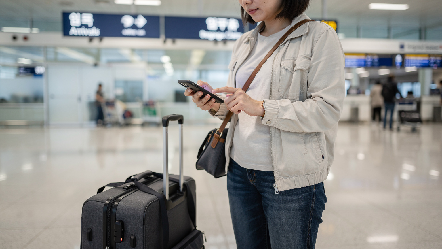 海外の空港の到着ロビーで、荷物をピックアップしながら、スマートフォンでCellesim eSIMをアクティベートしている旅行者の手元。