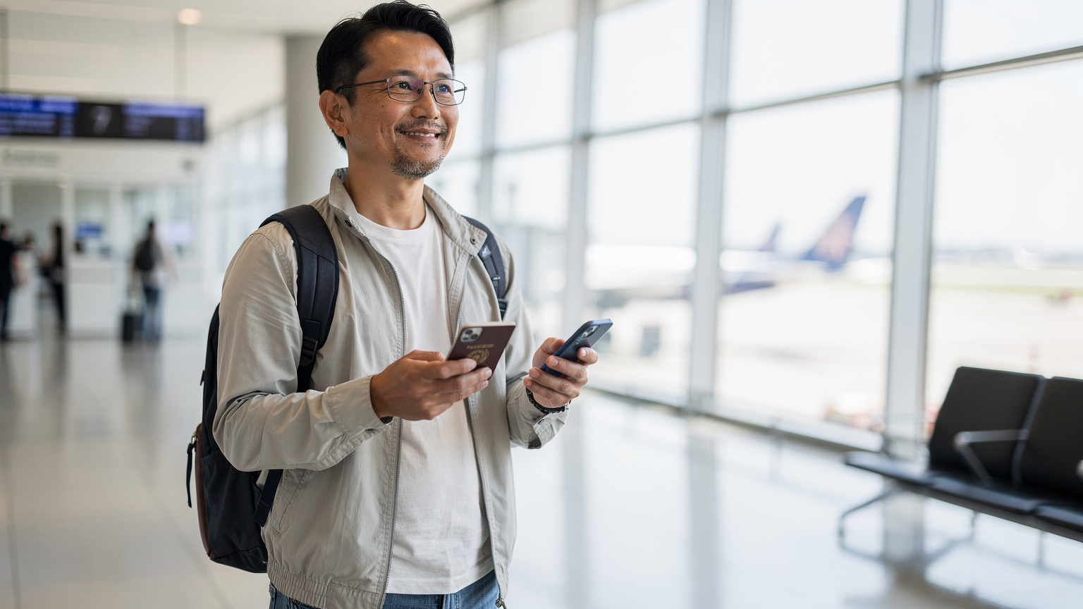 空港の出発ゲートで、手にスマートフォンとパスポートを持ち、スムーズに手続きを終えた安堵の表情を見せる旅行者。