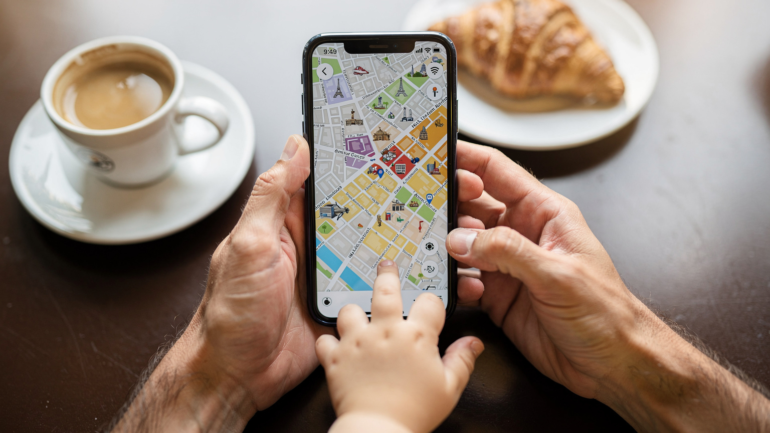 A close-up of a parent's hands gently holding a smartphone, showing a map application, with a child's smaller hand playfully reaching towards the screen from the side, symbolizing shared travel planning.