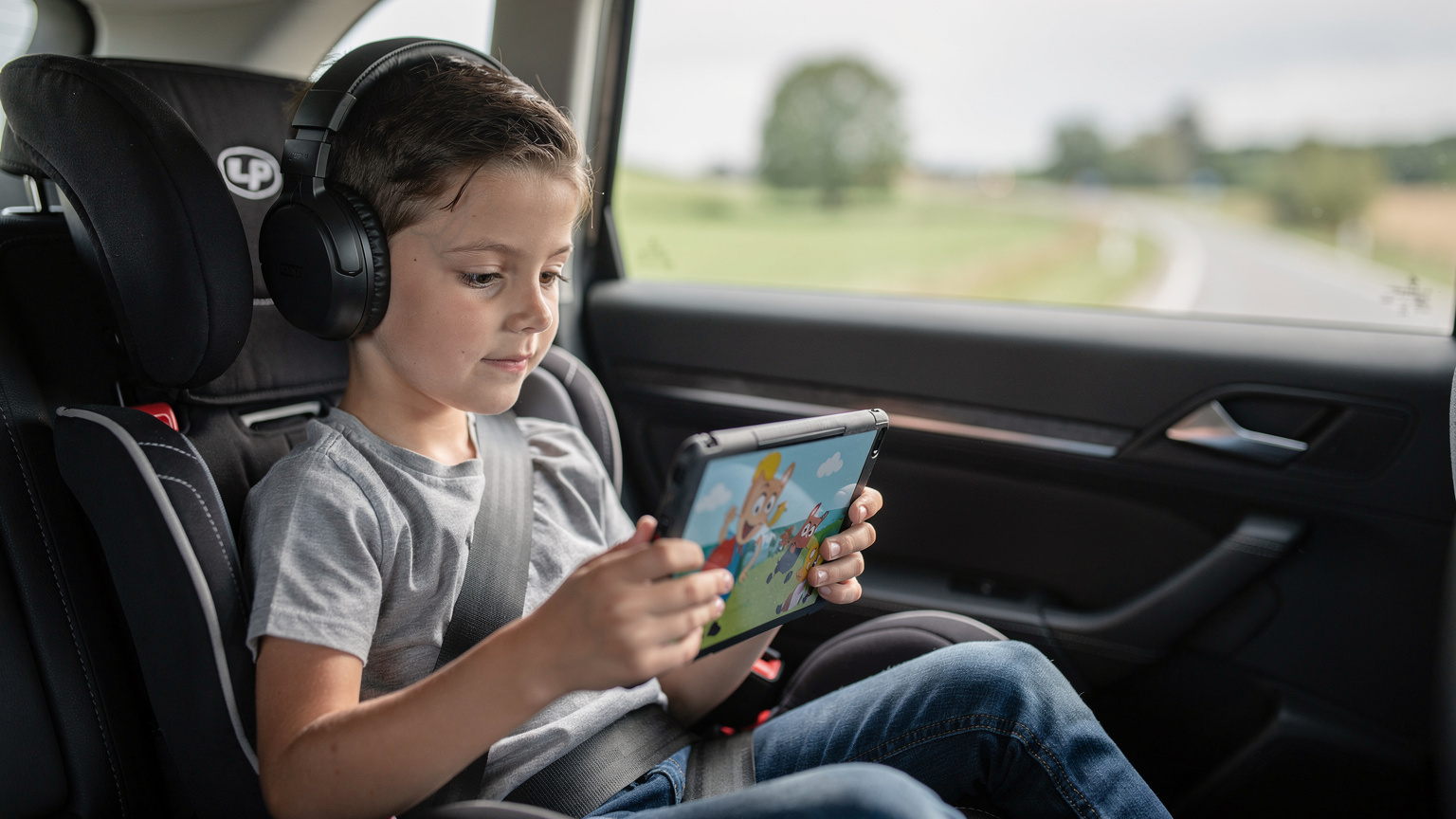 A child intently focused on a tablet screen while seated in the back of a car during a long journey, with a parent's arm visible in the front passenger seat, suggesting the need for entertainment on the go.