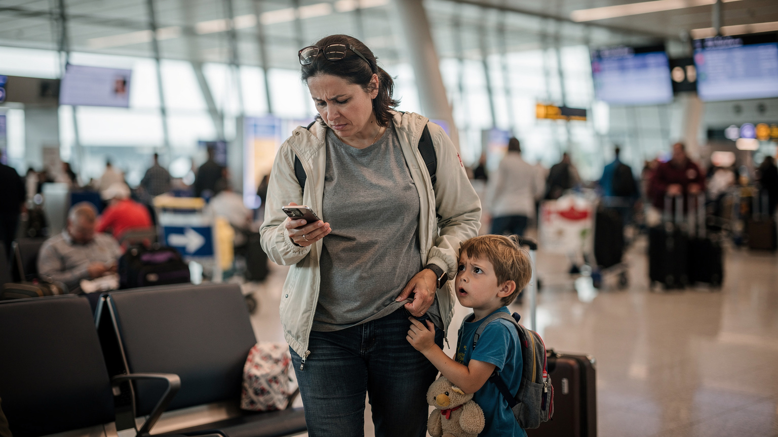 A frustrated parent looking at their smartphone with a worried expression, while a young child (about 5 years old) tugs at their shirt, at a crowded airport terminal, indicating connectivity issues.