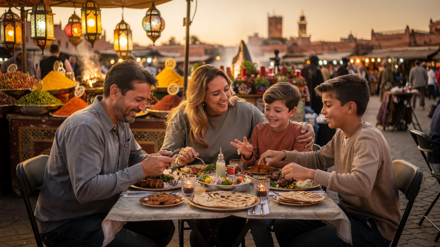 A family of four enjoying an outdoor meal at a vibrant street food market in Marrakech, Morocco, with colourful spices and local dishes on the table, and a parent discretely checking their phone.