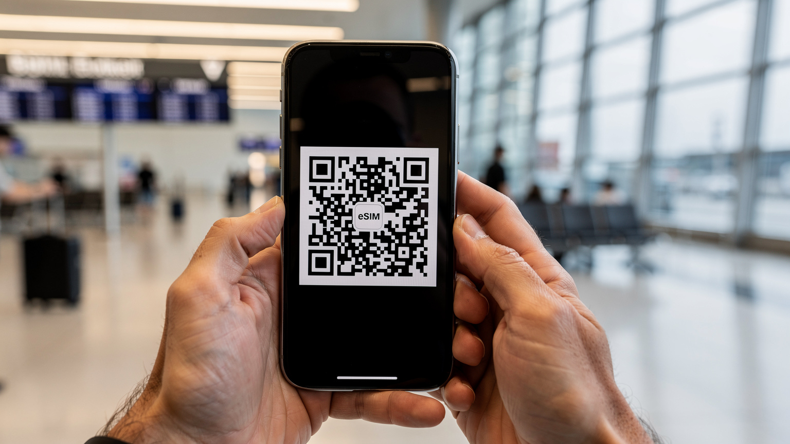 A close-up shot of a smartphone screen displaying a crisp QR code for eSIM activation, held by adult hands. The background is a brightly lit, modern airport departure lounge with travelers waiting.
