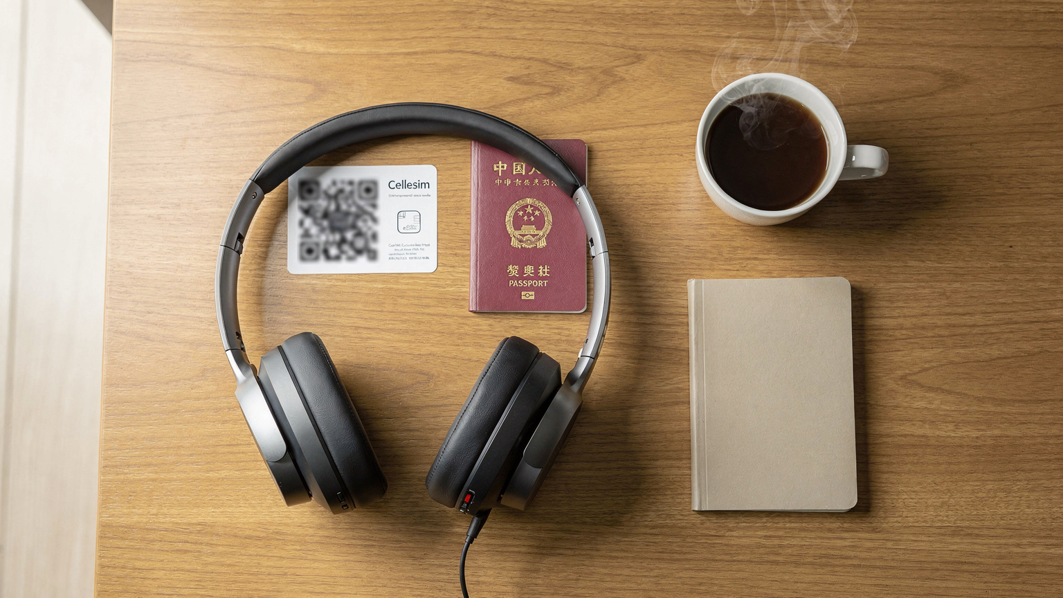 一本护照、一张eSIM卡二维码、耳机和旅行指南平铺在桌面上。