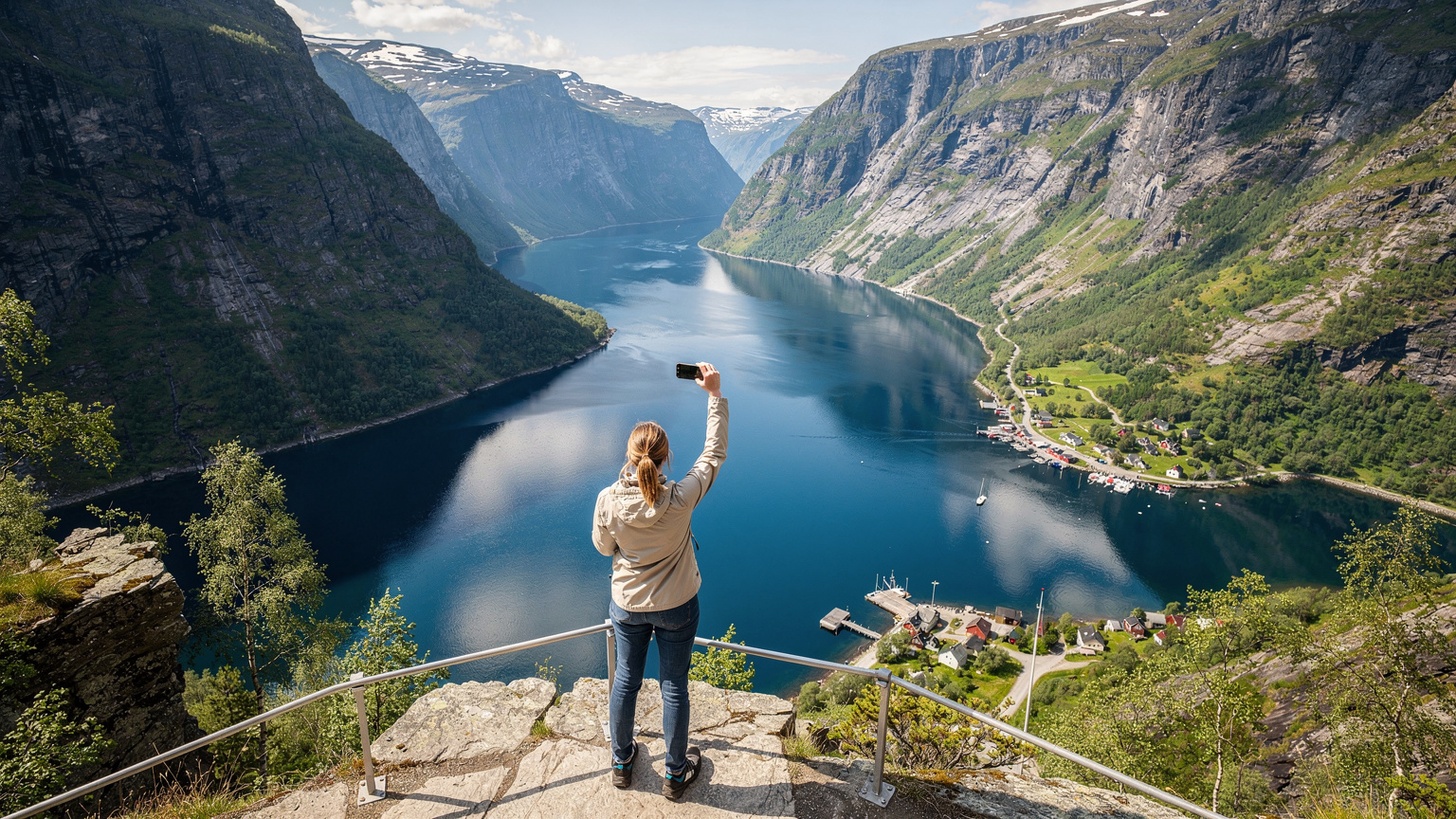 En panoramisk utsikt over de majestetiske fjordene i Norge, med en person som står på en utkikkspost og holder en iPhone 18, og fanger det fantastiske landskapet, i skarp, klar formiddagslys.