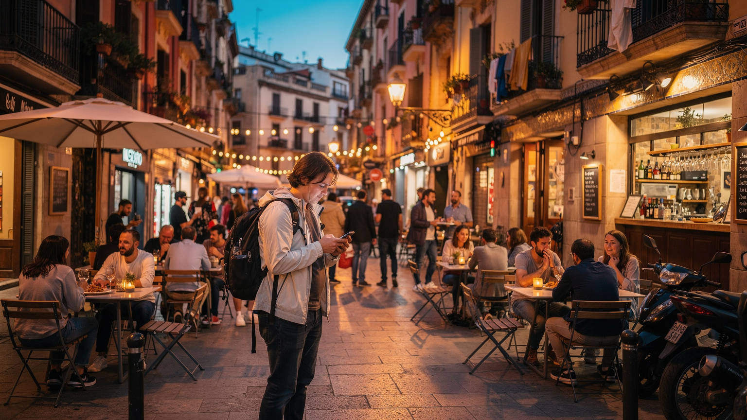En travel gate i bydelen Gràcia i Barcelona, med folk som nyter tapas utenfor en restaurant, og en turist som ser litt forvirret på telefonen sin for å finne veien, fanget i varm kveldsstemning.