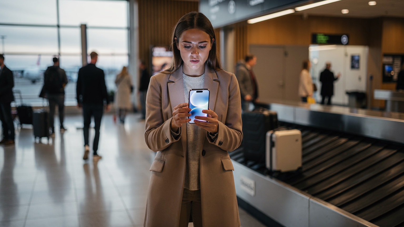 En kvinne sjekker sin nye iPhone 18 med et eSIM-aktiveringsskjermbilde ved ankomsthallen på Oslo Lufthavn Gardermoen, med bagasjebånd i bakgrunnen, fanget i mykt morgenlys.