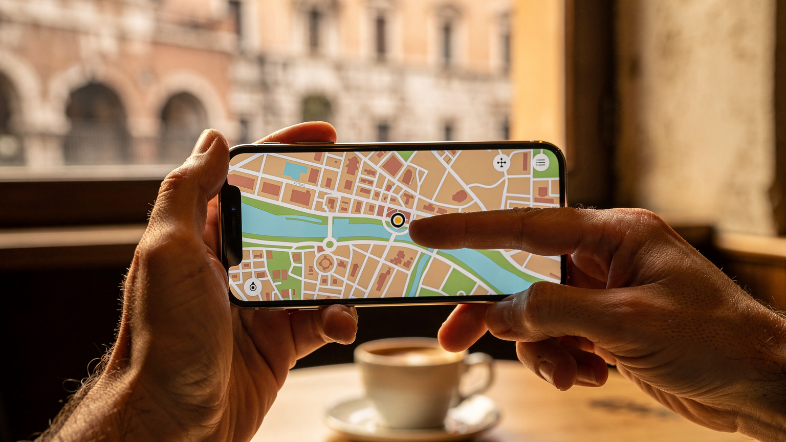 Nærbilde av hender som holder en iPhone 18 med et kart over Roma på skjermen, mens en annen hånd peker på et interessant sted, i et mykt ettermiddagslys, fanget med en 35mm linse.