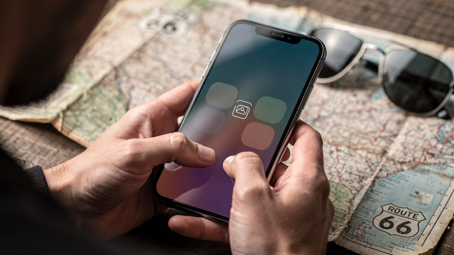 Un viajero activa su eSIM en un smartphone, con un mapa de la Ruta 66 y unas gafas de sol de motociclista en primer plano.