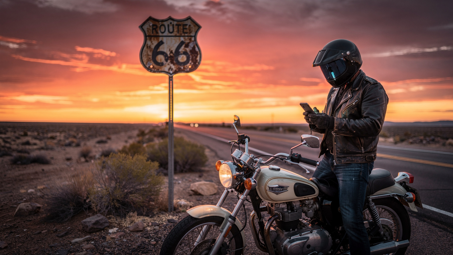 Un motociclista consulta su teléfono frente a un icónico cartel de la Ruta 66 en un atardecer vibrante.