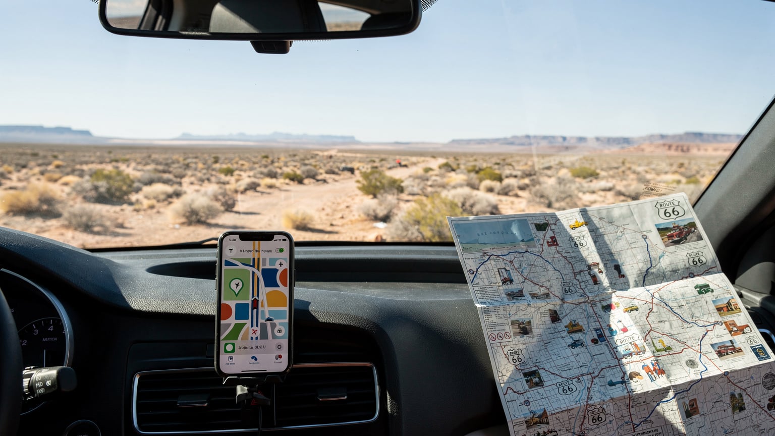 Un mapa de carretera de la Ruta 66 con un teléfono mostrando indicaciones GPS, visto desde la ventanilla de un coche con un paisaje desértico al fondo.