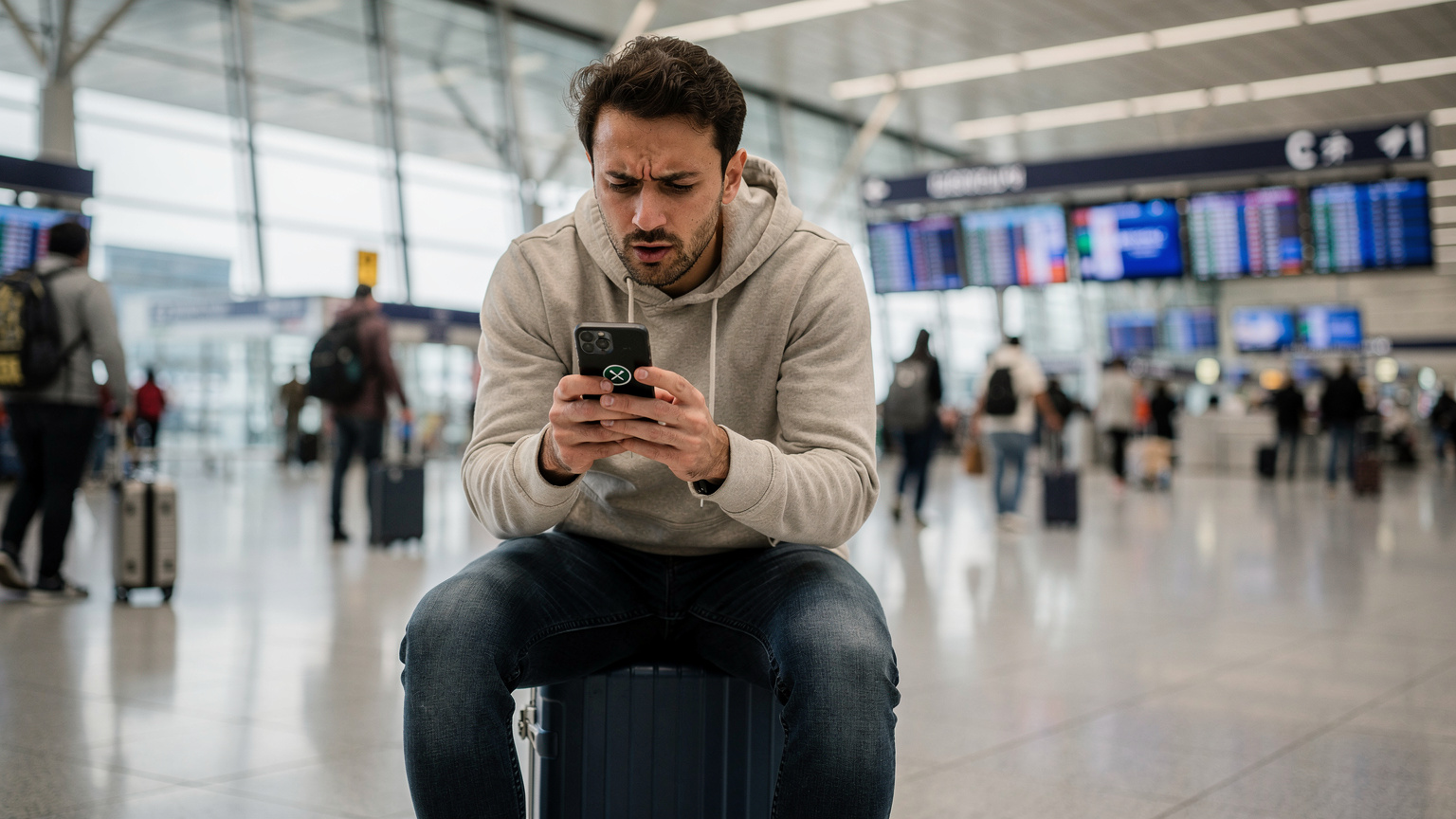 Un voyageur assis sur une valise à l'aéroport Charles de Gaulle, l'air préoccupé, consulte son téléphone qui affiche un message d'erreur de connexion réseau.