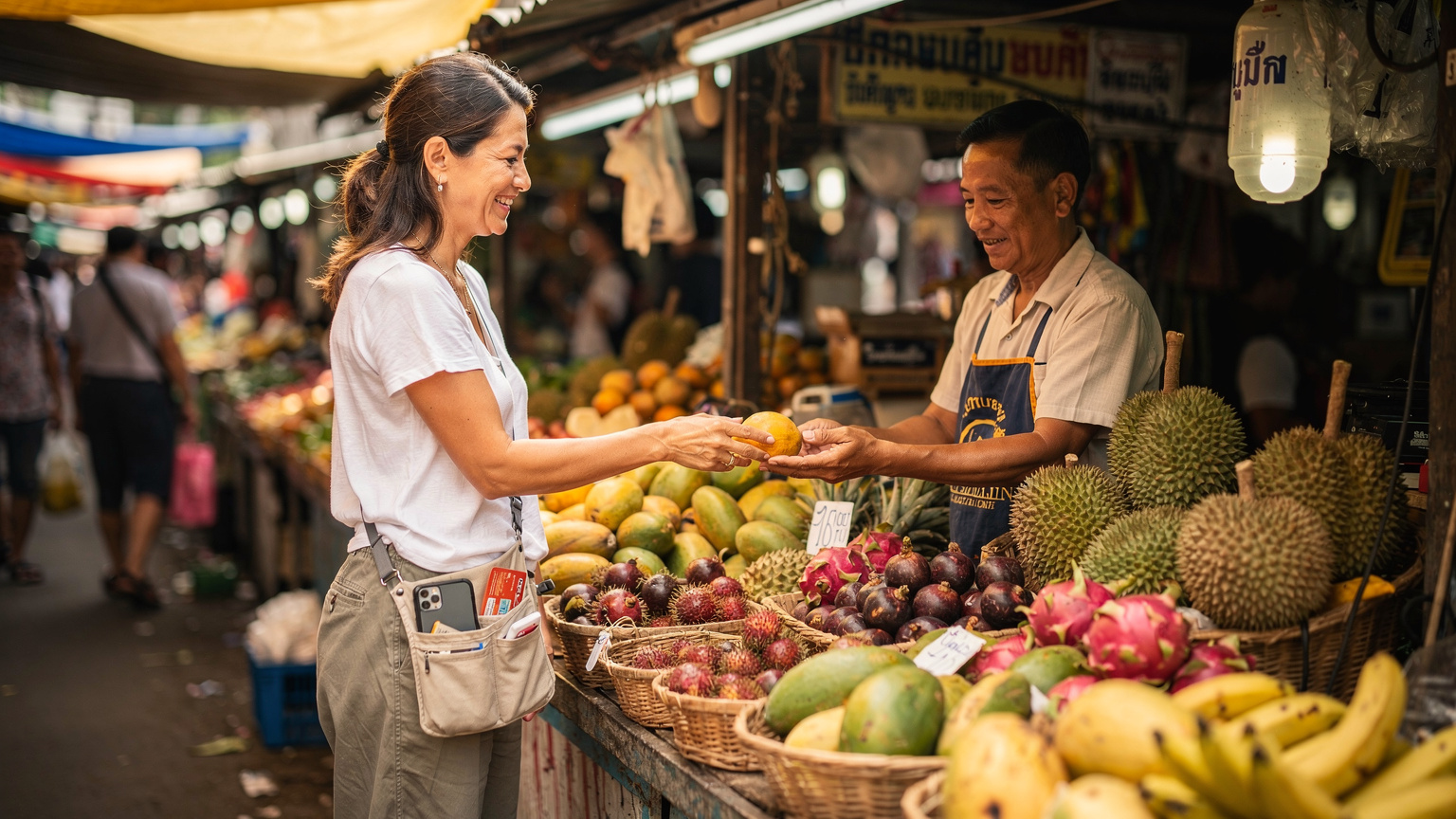Une femme souriante achète des fruits frais auprès d'un vendeur au marché de Chatuchak, Bangkok, son téléphone dans la poche, immergée dans l'ambiance locale.