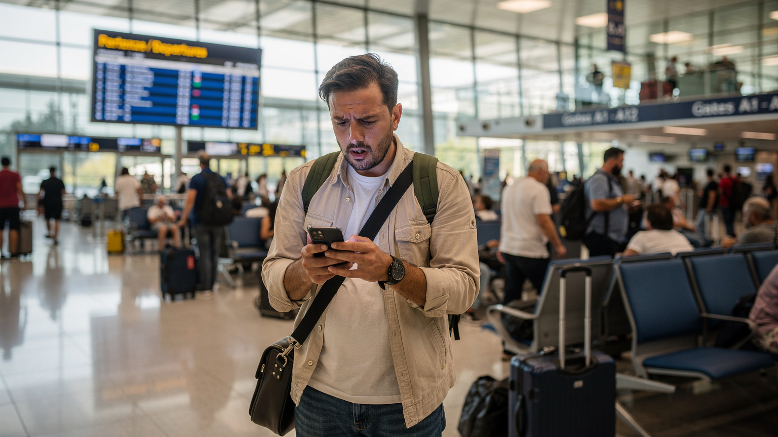 Un turista frustrato guarda il suo smartphone in un affollato aeroporto di Atene, con un cartello di "Partenze" sullo sfondo, probabilmente alle prese con problemi di connettività.
