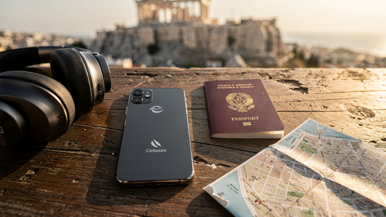 Un primo piano di un telefono, passaporto italiano, cuffie e una mappa cartacea di Atene disposti su un tavolo di legno in un caffè con vista sull'Acropoli.