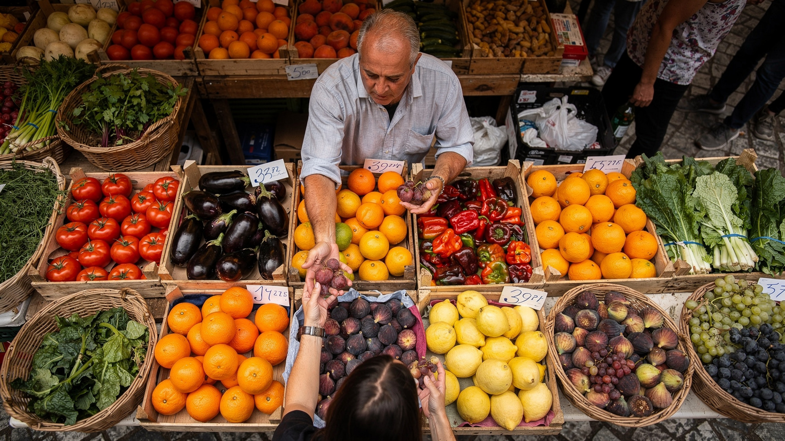 Una veduta aerea di un mercato vivace con bancarelle di frutta e verdura fresca ad Atene, in Grecia, con un venditore che interagisce con un cliente.