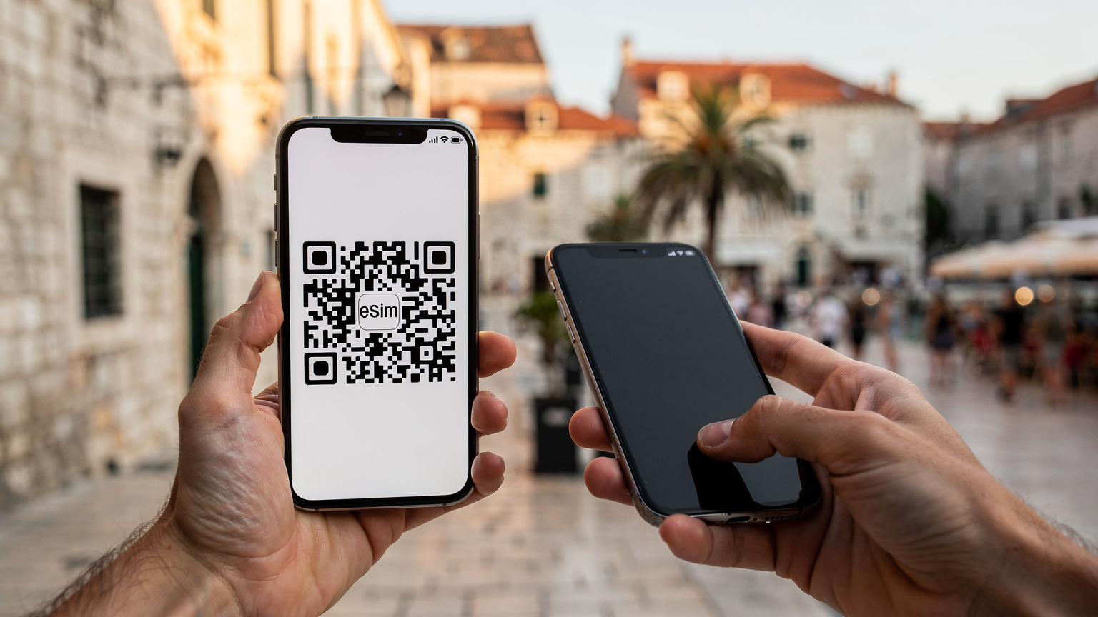 Un primo piano delle mani di un viaggiatore che tiene uno smartphone mentre il codice QR di una eSIM viene scansionato da un altro telefono, con un paesaggio urbano croato sfocato sullo sfondo.