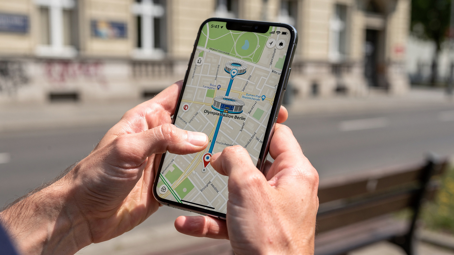 Nahaufnahme von Händen, die ein Smartphone halten, auf dem eine Karten-App geöffnet ist, die den Weg zum Olympiastadion in Berlin zeigt.