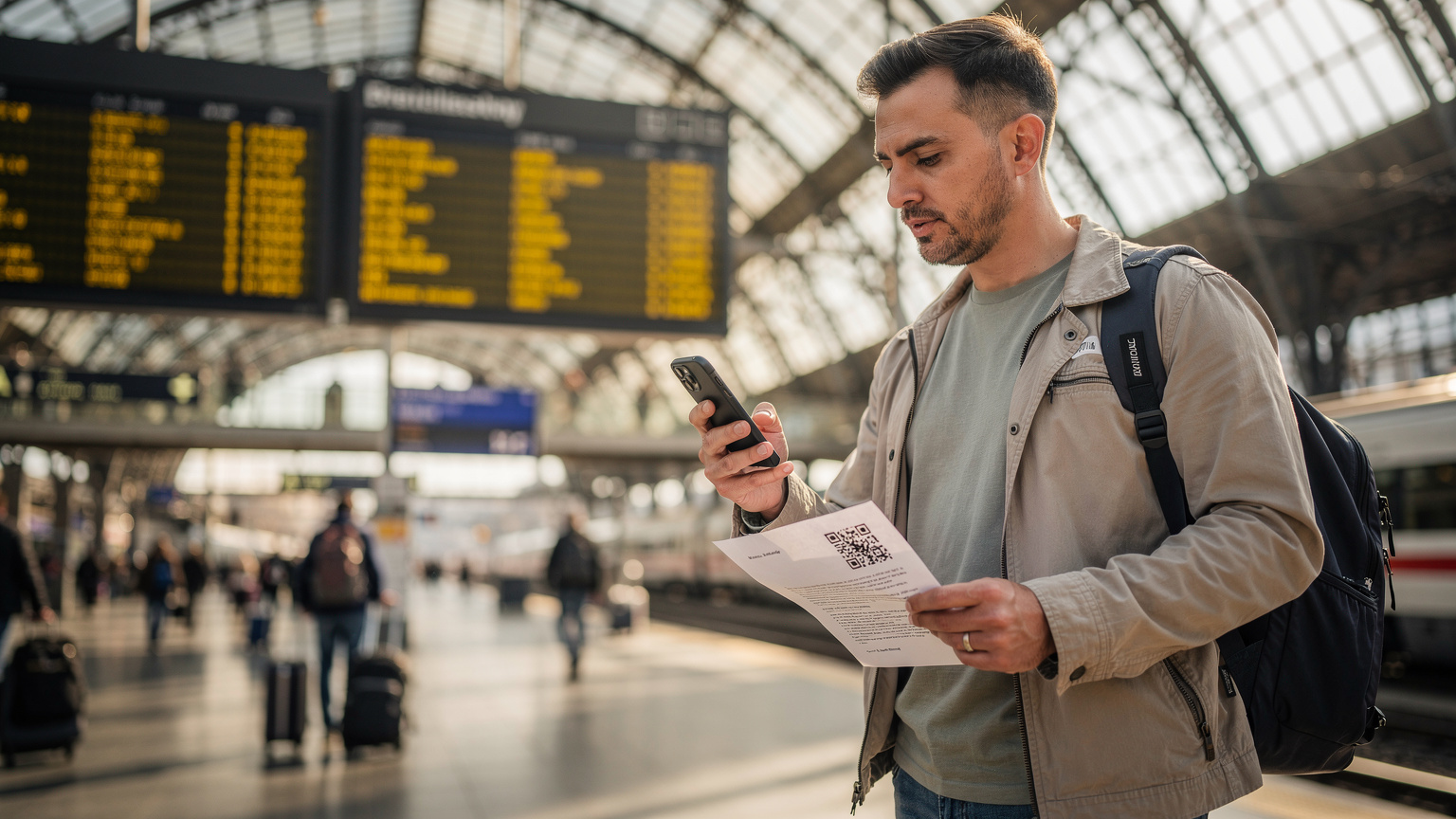 Ein Reisender am Berliner Hauptbahnhof scannt einen eSIM QR-Code auf seinem Smartphone.