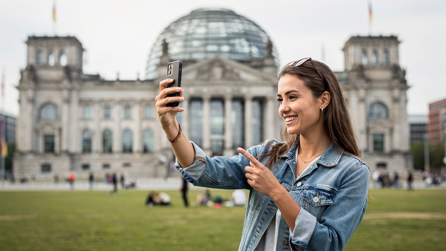Eine Person am Reichstagsgebäude in Berlin, die ein Selfie macht und es sofort hochlädt.
