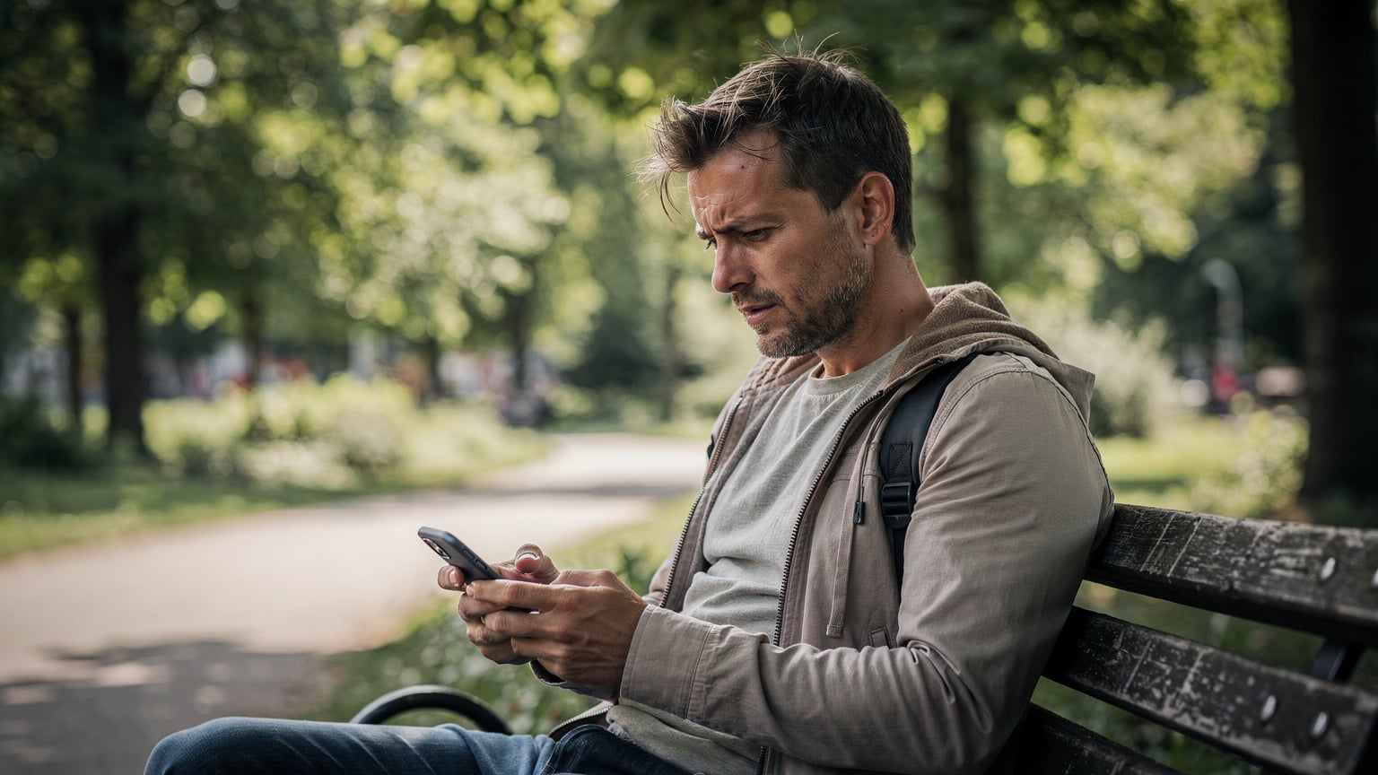 Ein Reisender sitzt nachdenklich auf einer Parkbank im Görlitzer Park, Berlin, und schaut auf sein Smartphone.