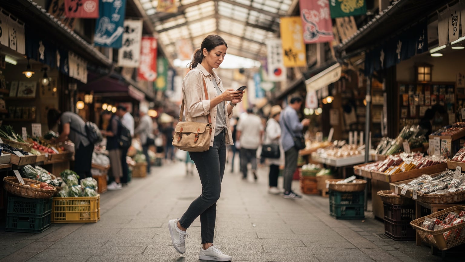 A traveler uses their smartphone for navigation while exploring a bustling market street in Kyoto, Japan, highlighting the importance of reliable mobile data.