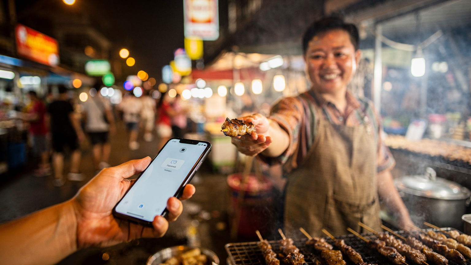 A traveler holding a smartphone with a payment app open, interacting with a street food vendor at a busy night market in Thailand.