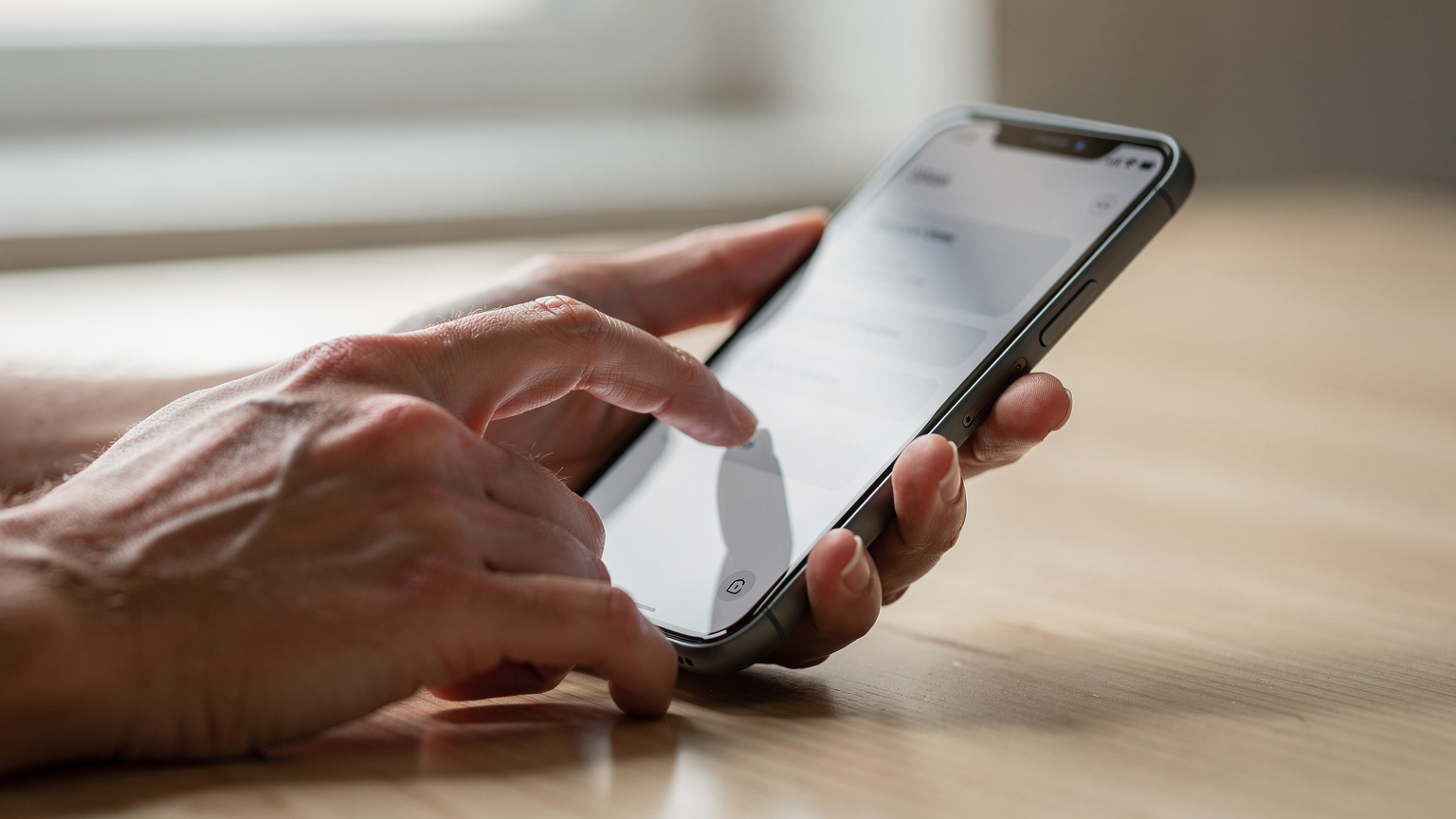 A close-up of hands holding a smartphone, with fingers navigating a menu, illustrating the user interaction with eSIM settings.