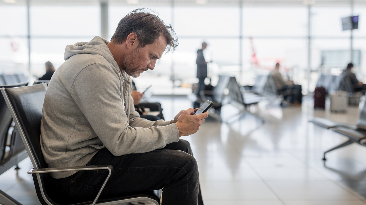 A traveler looking frustrated while holding a smartphone with a 'No Service' message displayed, sitting at an airport gate, conveying a moment of travel friction.
