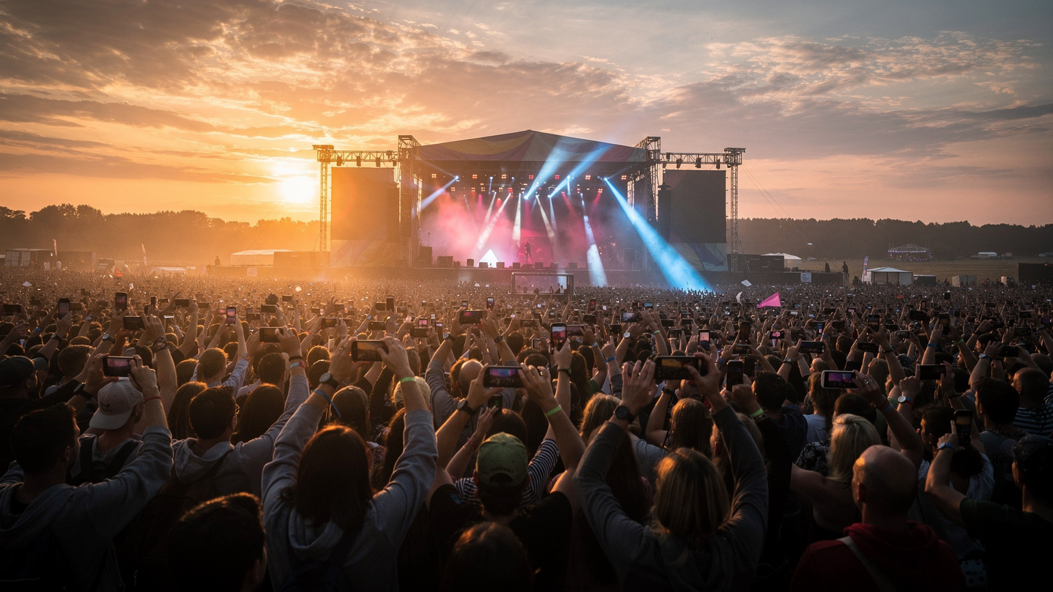 Ein überfülltes Festivalgelände bei Sonnenuntergang, mit Tausenden von Menschen, die ihre Telefone in die Luft halten, während im Hintergrund eine Bühne beleuchtet ist.